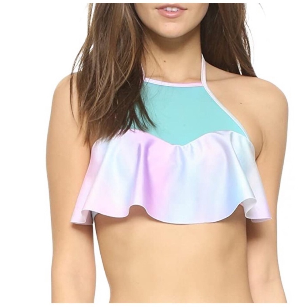 Wildfox Hologram Teal Mesh Halter Bikini Top | XS